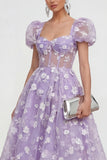 Blue Floral A-Line Lace Up Back Midi Dress with Puff Sleeves