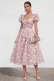 Blue Floral A-Line Lace Up Back Midi Dress with Puff Sleeves