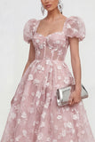 Blue Floral A-Line Lace Up Back Midi Dress with Puff Sleeves