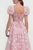 Blue Floral A-Line Lace Up Back Midi Dress with Puff Sleeves