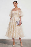 Off The Shoulder A-Line Pink Midi Floral Dress with Lace Up Back