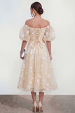 Off The Shoulder A-Line Pink Midi Floral Dress with Lace Up Back