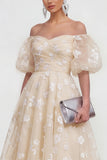 Off The Shoulder A-Line Pink Midi Floral Dress with Lace Up Back