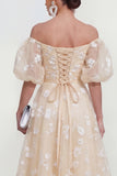 Off The Shoulder A-Line Pink Midi Floral Dress with Lace Up Back