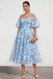 Off The Shoulder A-Line Pink Midi Floral Dress with Lace Up Back