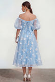 Off The Shoulder A-Line Pink Midi Floral Dress with Lace Up Back