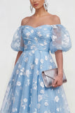 Off The Shoulder A-Line Pink Midi Floral Dress with Lace Up Back