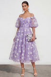 Off The Shoulder A-Line Pink Midi Floral Dress with Lace Up Back