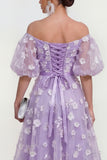 Off The Shoulder A-Line Pink Midi Floral Dress with Lace Up Back