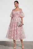 Off The Shoulder A-Line Pink Midi Floral Dress with Lace Up Back