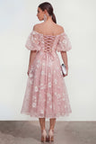 Off The Shoulder A-Line Pink Midi Floral Dress with Lace Up Back