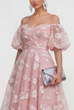 Off The Shoulder A-Line Pink Midi Floral Dress with Lace Up Back