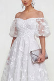 Off The Shoulder A-Line Pink Midi Floral Dress with Lace Up Back