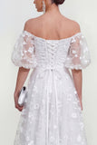 Off The Shoulder A-Line Pink Midi Floral Dress with Lace Up Back