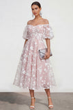 Off The Shoulder A-Line Pink Midi Floral Dress with Lace Up Back