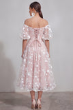 Off The Shoulder A-Line Pink Midi Floral Dress with Lace Up Back