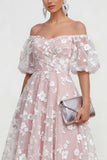 Off The Shoulder A-Line Pink Midi Floral Dress with Lace Up Back