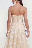 Strapless A-Line Midi Lilac Floral Dress with Pockets