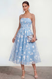 Strapless A-Line Midi Lilac Floral Dress with Pockets