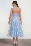 Strapless A-Line Midi Lilac Floral Dress with Pockets