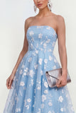 Strapless A-Line Midi Lilac Floral Dress with Pockets