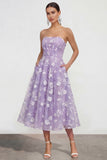 Strapless A-Line Midi Lilac Floral Dress with Pockets