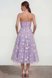 Strapless A-Line Midi Lilac Floral Dress with Pockets