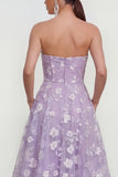 Strapless A-Line Midi Lilac Floral Dress with Pockets