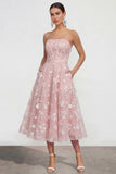 Strapless A-Line Midi Lilac Floral Dress with Pockets
