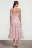 Strapless A-Line Midi Lilac Floral Dress with Pockets