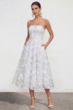 Strapless A-Line Midi Lilac Floral Dress with Pockets