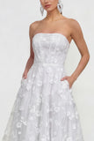Strapless A-Line Midi Lilac Floral Dress with Pockets