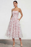 Strapless A-Line Midi Lilac Floral Dress with Pockets