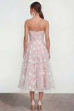 Strapless A-Line Midi Lilac Floral Dress with Pockets
