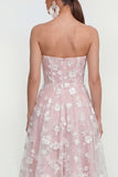 Strapless A-Line Midi Lilac Floral Dress with Pockets