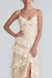 Shearh Lilac Floral Spaghetti Straps Ruffled Maxi Dress with Slit