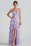 Shearh Lilac Floral Spaghetti Straps Ruffled Maxi Dress with Slit