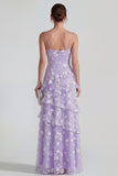 Shearh Lilac Floral Spaghetti Straps Ruffled Maxi Dress with Slit