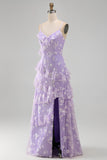 Shearh Lilac Floral Spaghetti Straps Ruffled Maxi Dress with Slit