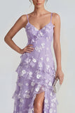 Shearh Lilac Floral Spaghetti Straps Ruffled Maxi Dress with Slit