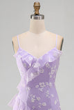 Shearh Lilac Floral Spaghetti Straps Ruffled Maxi Dress with Slit