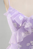 Shearh Lilac Floral Spaghetti Straps Ruffled Maxi Dress with Slit