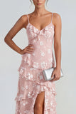 Shearh Lilac Floral Spaghetti Straps Ruffled Maxi Dress with Slit