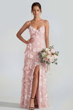 Shearh Lilac Floral Spaghetti Straps Ruffled Maxi Dress with Slit
