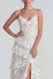 Shearh Lilac Floral Spaghetti Straps Ruffled Maxi Dress with Slit