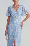 Blue Sheath Short Sleeves Long Floral Dress with Slit