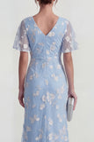 Blue Sheath Short Sleeves Long Floral Dress with Slit