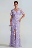 Blue Sheath Short Sleeves Long Floral Dress with Slit