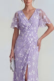 Blue Sheath Short Sleeves Long Floral Dress with Slit