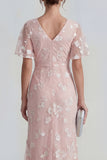 Blue Sheath Short Sleeves Long Floral Dress with Slit